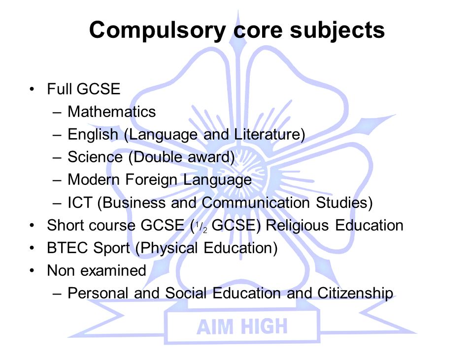 Compulsory core subjects Full GCSE –Mathematics –English (Language and Literature) –Science (Double award) –Modern Foreign Language –ICT (Business and Communication Studies) Short course GCSE ( 1 / 2 GCSE) Religious Education BTEC Sport (Physical Education) Non examined –Personal and Social Education and Citizenship