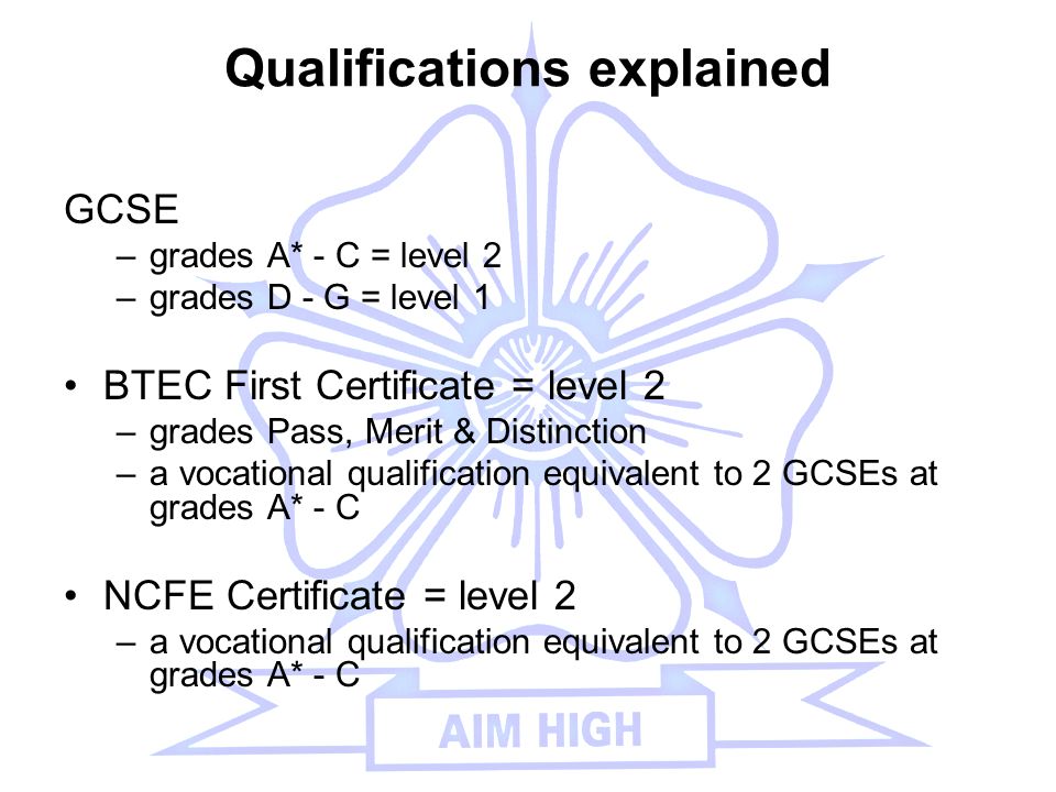 Qualifications explained GCSE –grades A* - C = level 2 –grades D - G = level 1 BTEC First Certificate = level 2 –grades Pass, Merit & Distinction –a vocational qualification equivalent to 2 GCSEs at grades A* - C NCFE Certificate = level 2 –a vocational qualification equivalent to 2 GCSEs at grades A* - C