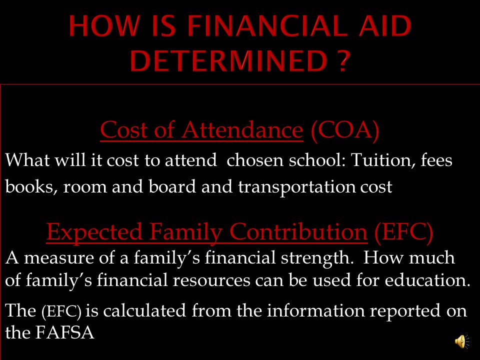 Cost of Attendance (COA) - Expected Family Contribution (EFC) = Amount of Financial Aid