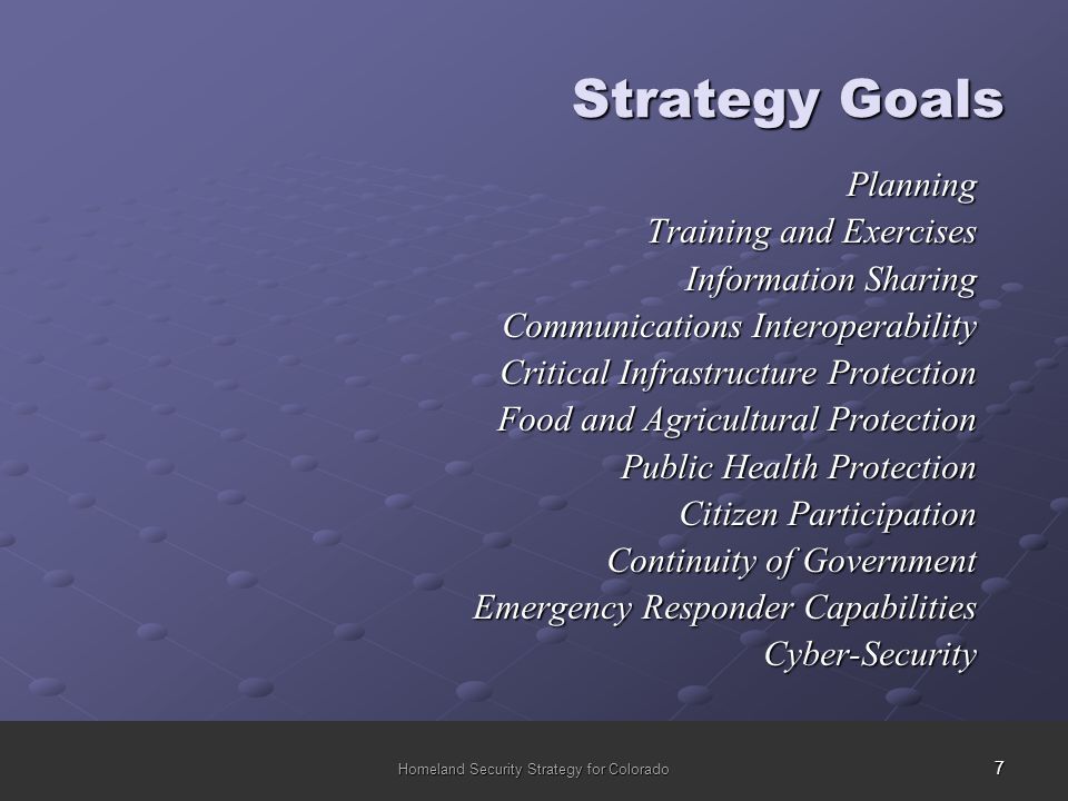 7 Homeland Security Strategy for Colorado Planning Training and Exercises Information Sharing Communications Interoperability Critical Infrastructure Protection Food and Agricultural Protection Public Health Protection Citizen Participation Continuity of Government Emergency Responder Capabilities Cyber-Security Strategy Goals
