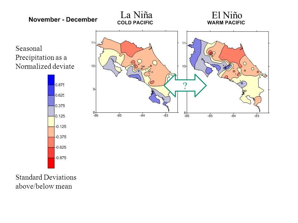 Seasonal Precipitation as a Normalized deviate Standard Deviations above/below mean La Niña El Niño