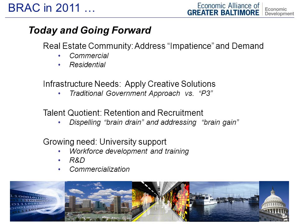 BRAC in 2011 … Today and Going Forward Real Estate Community: Address Impatience and Demand Commercial Residential Infrastructure Needs: Apply Creative Solutions Traditional Government Approach vs.