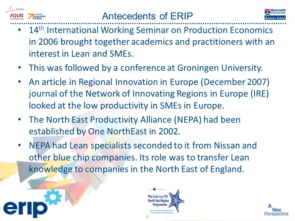 Click to edit Master title style Antecedents of ERIP 14 th International Working Seminar on Production Economics in 2006 brought together academics and practitioners with an interest in Lean and SMEs.