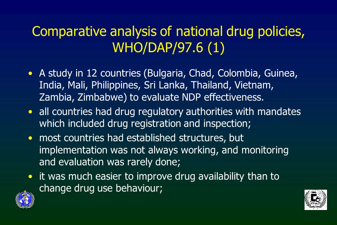 Comparative analysis of national drug policies, WHO/DAP/97.6 (1) A study in 12 countries (Bulgaria, Chad, Colombia, Guinea, India, Mali, Philippines, Sri Lanka, Thailand, Vietnam, Zambia, Zimbabwe) to evaluate NDP effectiveness.