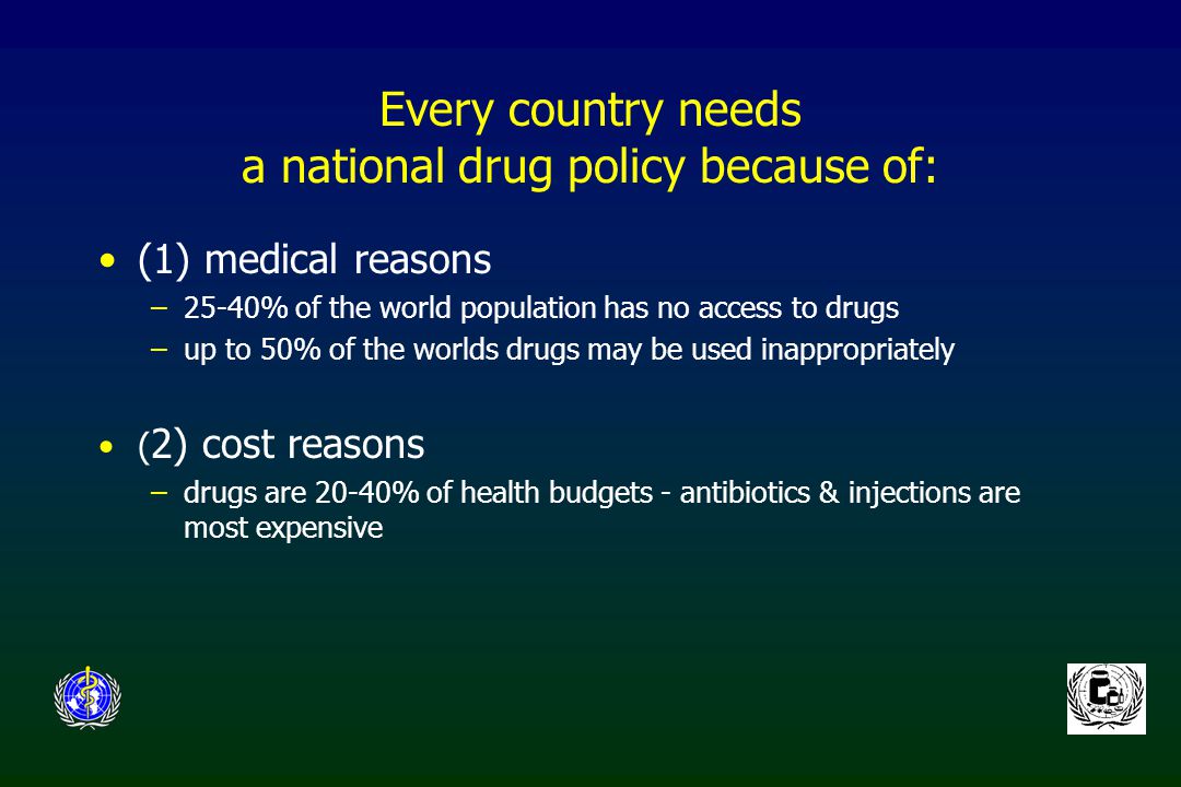 Every country needs a national drug policy because of: (1) medical reasons –25-40% of the world population has no access to drugs –up to 50% of the worlds drugs may be used inappropriately ( 2) cost reasons –drugs are 20-40% of health budgets - antibiotics & injections are most expensive