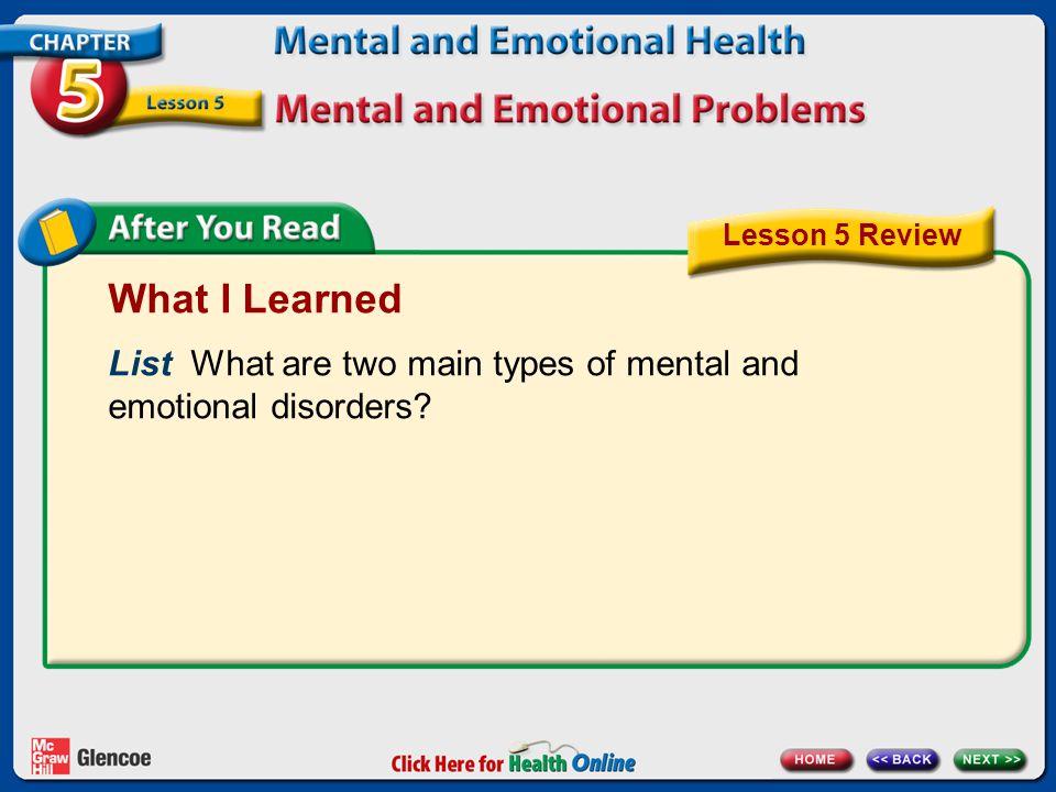 What I Learned List What are two main types of mental and emotional disorders Lesson 5 Review