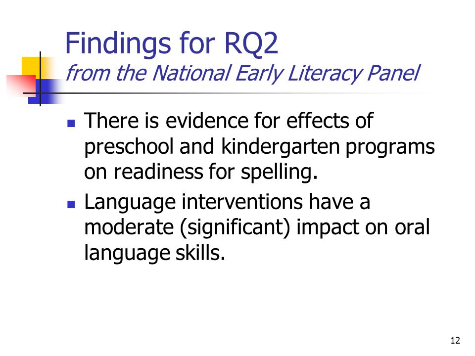 12 Findings for RQ2 from the National Early Literacy Panel There is evidence for effects of preschool and kindergarten programs on readiness for spelling.