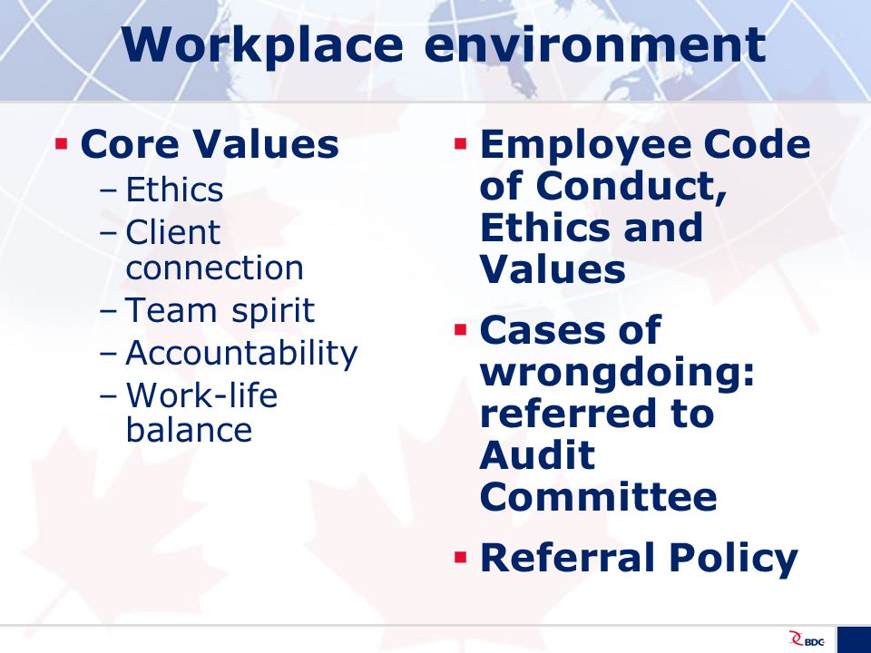 Workplace environment  Core Values –Ethics –Client connection –Team spirit –Accountability –Work-life balance  Employee Code of Conduct, Ethics and Values  Cases of wrongdoing: referred to Audit Committee  Referral Policy