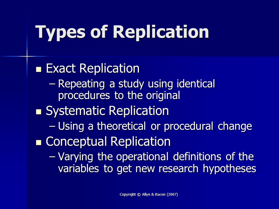 Copyright © Allyn & Bacon (2007) Types of Replication Exact Replication Exact Replication –Repeating a study using identical procedures to the original Systematic Replication Systematic Replication –Using a theoretical or procedural change Conceptual Replication Conceptual Replication –Varying the operational definitions of the variables to get new research hypotheses