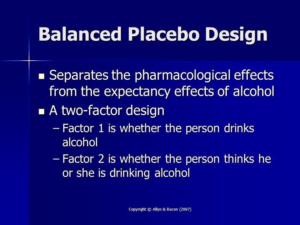 Copyright © Allyn & Bacon (2007) Balanced Placebo Design Separates the pharmacological effects from the expectancy effects of alcohol Separates the pharmacological effects from the expectancy effects of alcohol A two-factor design A two-factor design –Factor 1 is whether the person drinks alcohol –Factor 2 is whether the person thinks he or she is drinking alcohol