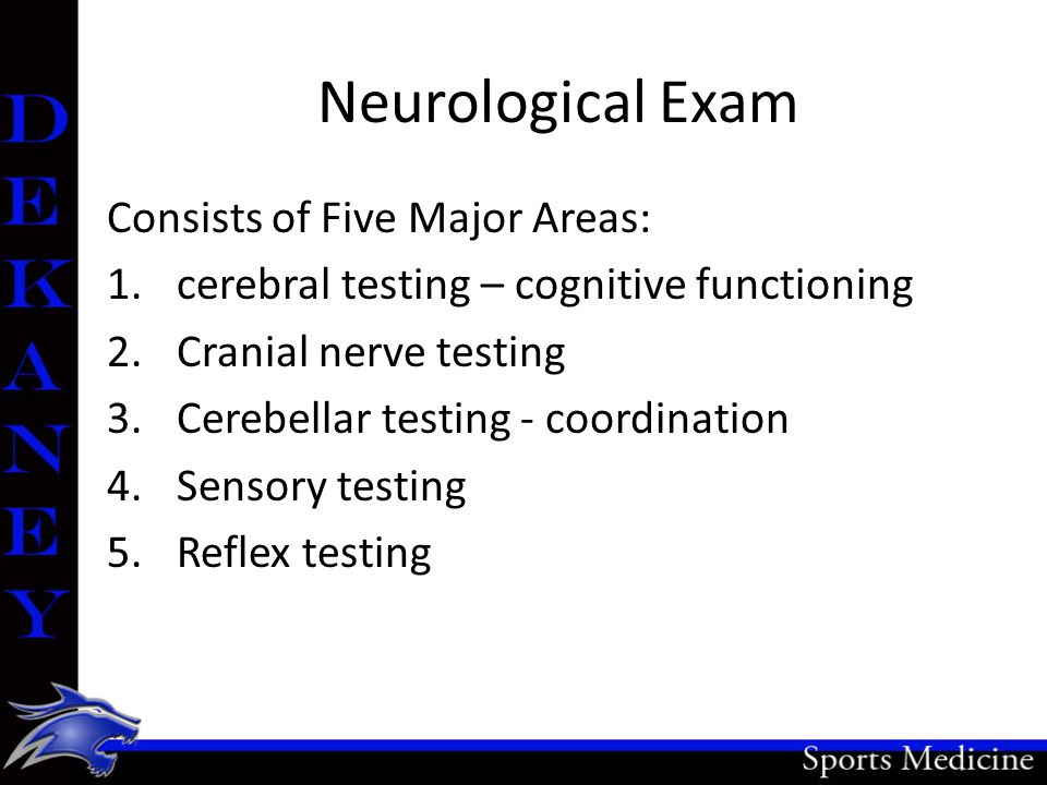 Neurological Exam Consists of Five Major Areas: 1.cerebral testing – cognitive functioning 2.Cranial nerve testing 3.Cerebellar testing - coordination 4.Sensory testing 5.Reflex testing