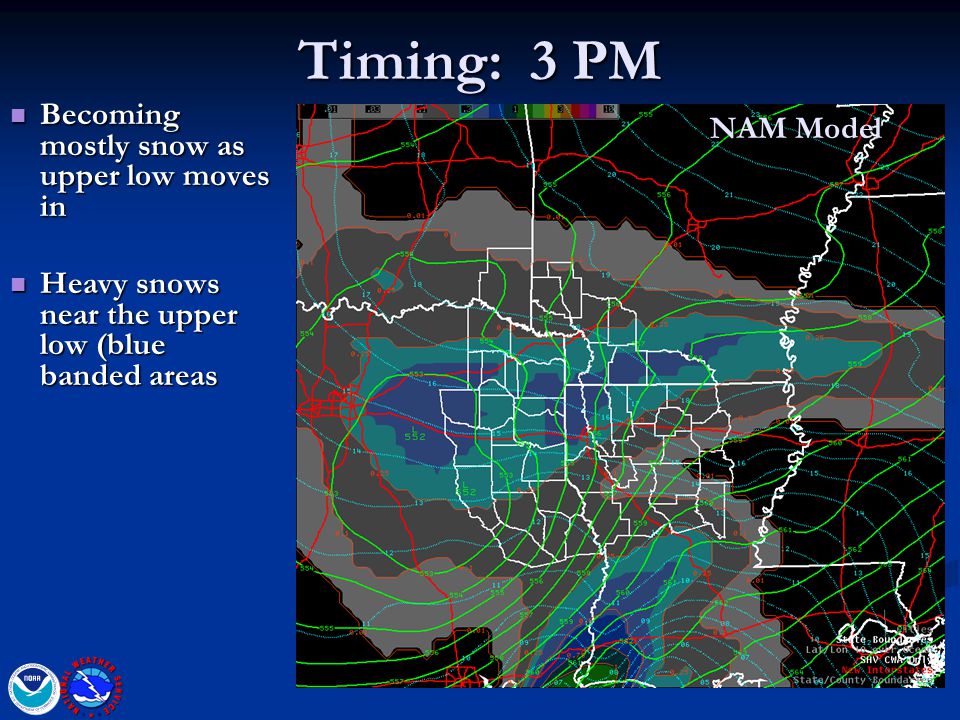 Timing: 3 PM NAM Model Becoming mostly snow as upper low moves in Becoming mostly snow as upper low moves in Heavy snows near the upper low (blue banded areas Heavy snows near the upper low (blue banded areas