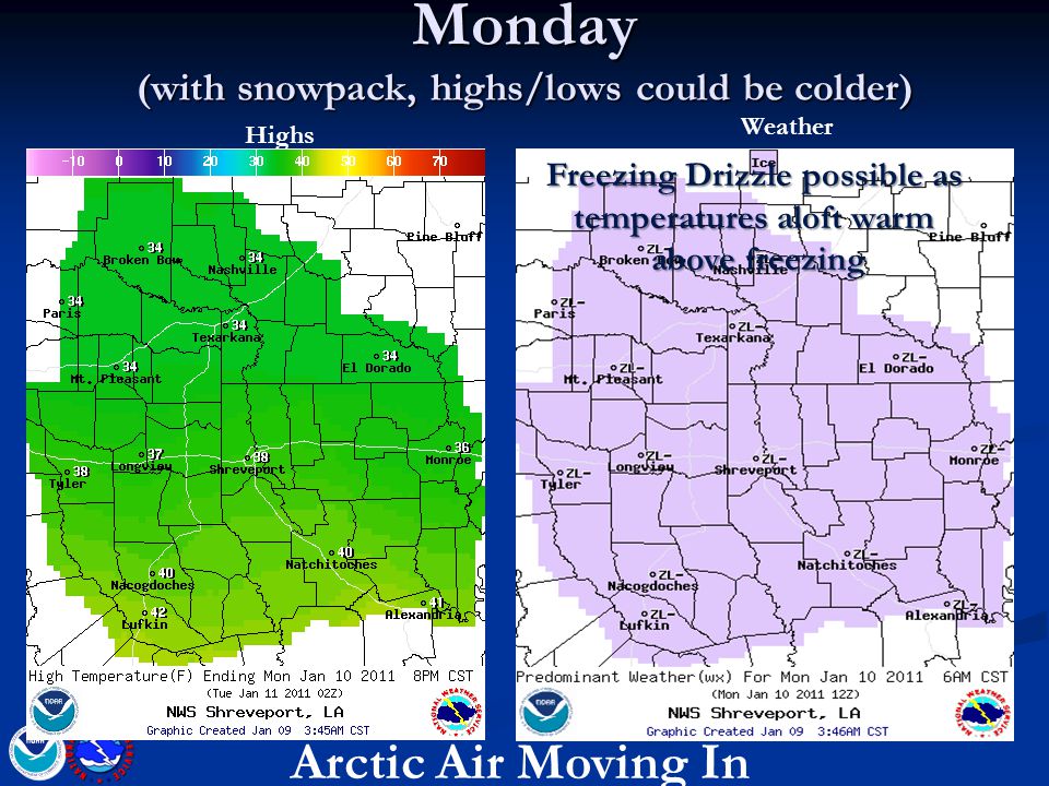 Monday (with snowpack, highs/lows could be colder) Arctic Air Moving In Highs Weather Freezing Drizzle possible as temperatures aloft warm above freezing