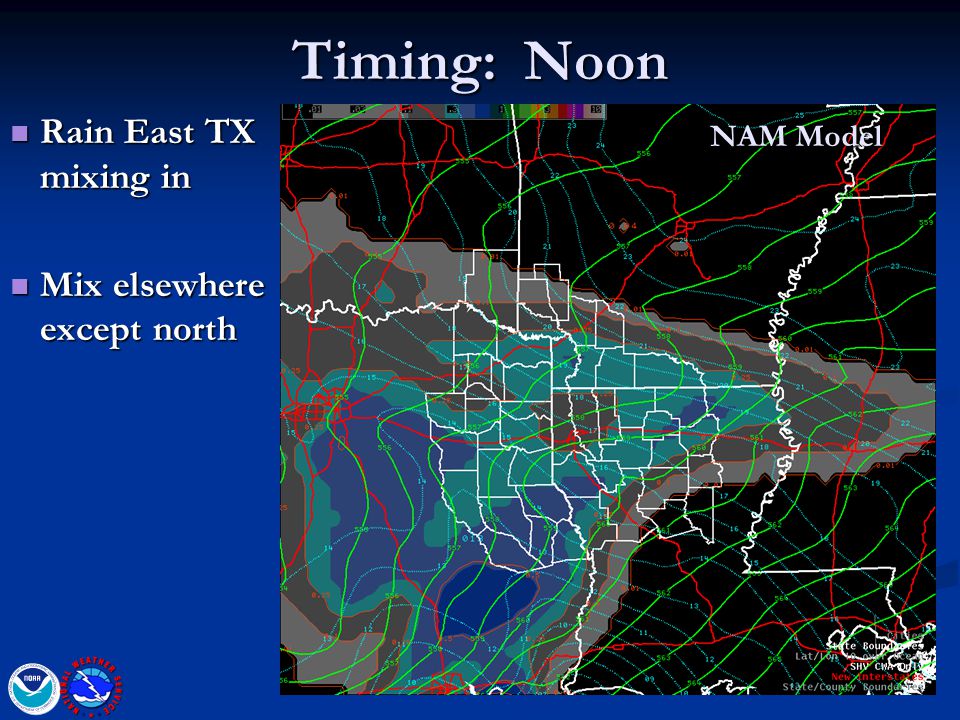 Timing: Noon NAM Model Rain East TX mixing in Rain East TX mixing in Mix elsewhere except north Mix elsewhere except north