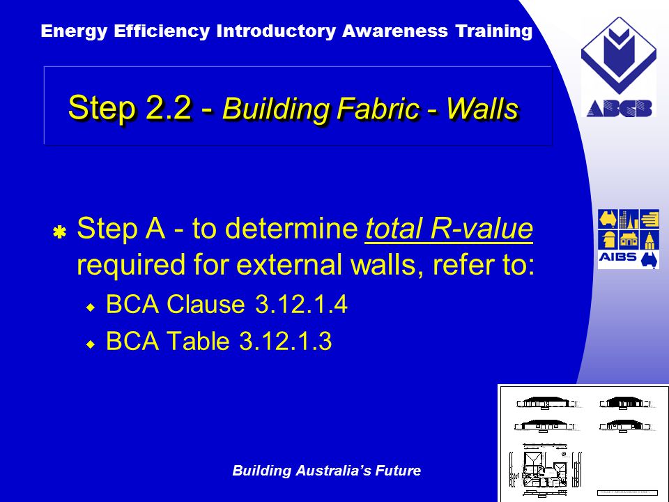 Building Australia’s Future Energy Efficiency Introductory Awareness Training AUSTRALIAN Greenhouse Office  Step A - to determine total R-value required for external walls, refer to:  BCA Clause  BCA Table Step Building Fabric - Walls
