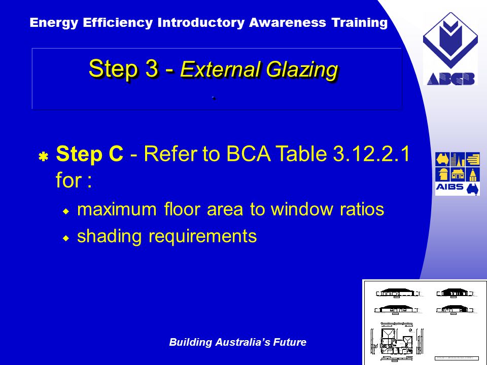 Building Australia’s Future Energy Efficiency Introductory Awareness Training AUSTRALIAN Greenhouse Office  Step C - Refer to BCA Table for :  maximum floor area to window ratios  shading requirements Step 3 - External Glazing.
