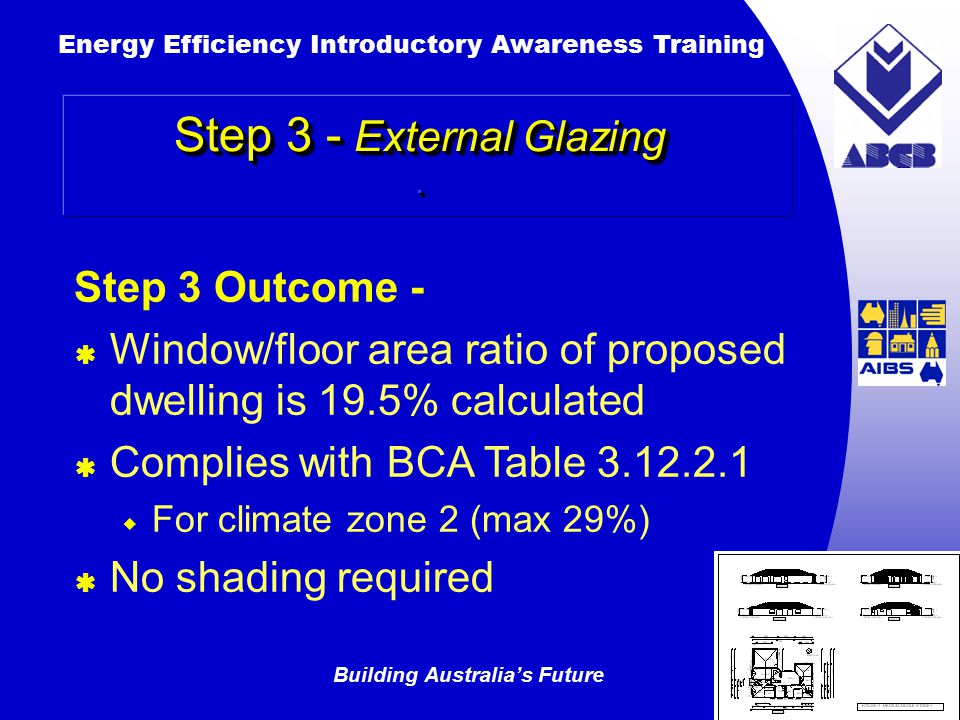 Building Australia’s Future Energy Efficiency Introductory Awareness Training AUSTRALIAN Greenhouse Office Step 3 Outcome -  Window/floor area ratio of proposed dwelling is 19.5% calculated  Complies with BCA Table  For climate zone 2 (max 29%)  No shading required Step 3 - External Glazing.