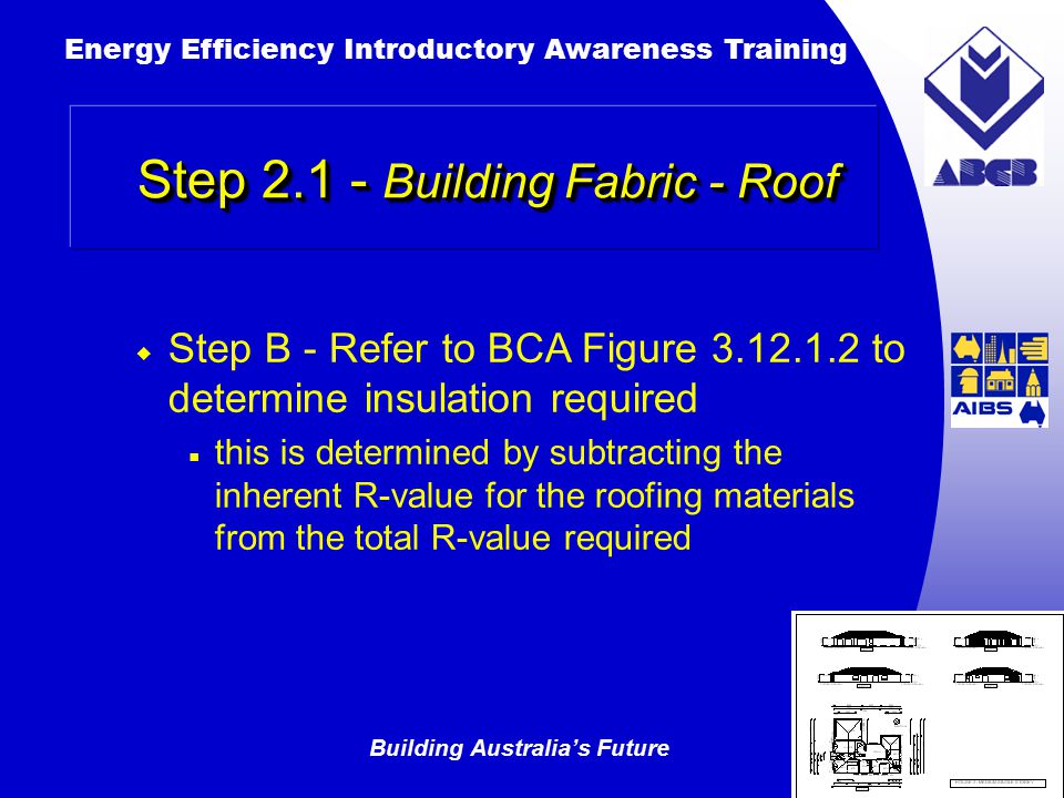 Building Australia’s Future Energy Efficiency Introductory Awareness Training AUSTRALIAN Greenhouse Office Step Building Fabric - Roof  Step B ‑ Refer to BCA Figure to determine insulation required  this is determined by subtracting the inherent R-value for the roofing materials from the total R-value required