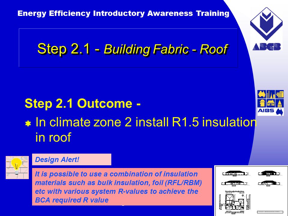 Building Australia’s Future Energy Efficiency Introductory Awareness Training AUSTRALIAN Greenhouse Office Step Building Fabric - Roof Step 2.1 Outcome -  In climate zone 2 install R1.5 insulation in roof It is possible to use a combination of insulation materials such as bulk insulation, foil (RFL/RBM) etc with various system R-values to achieve the BCA required R value Design Alert!
