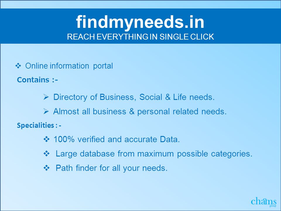 findmyneeds.in REACH EVERYTHING IN SINGLE CLICK  Online information portal  Directory of Business, Social & Life needs.