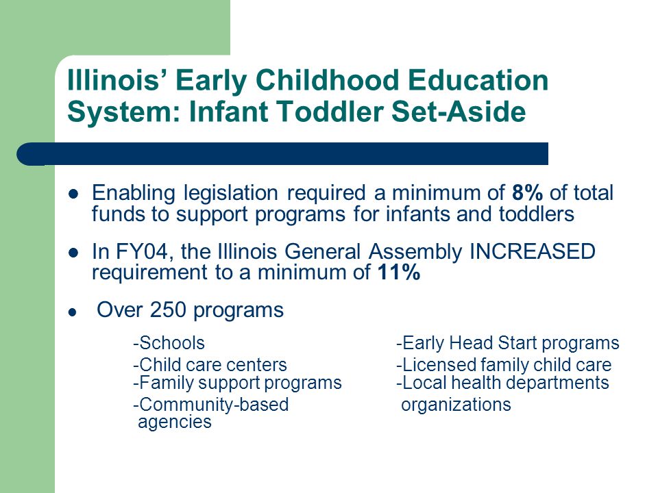 Illinois’ Early Childhood Education System: Infant Toddler Set-Aside Enabling legislation required a minimum of 8% of total funds to support programs for infants and toddlers In FY04, the Illinois General Assembly INCREASED requirement to a minimum of 11% Over 250 programs -Schools-Early Head Start programs -Child care centers -Licensed family child care -Family support programs -Local health departments -Community-based organizations agencies