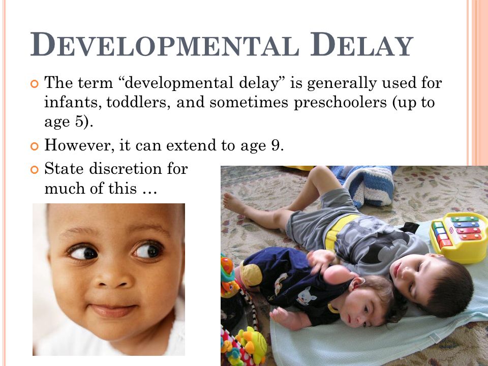 D EVELOPMENTAL D ELAY The term developmental delay is generally used for infants, toddlers, and sometimes preschoolers (up to age 5).