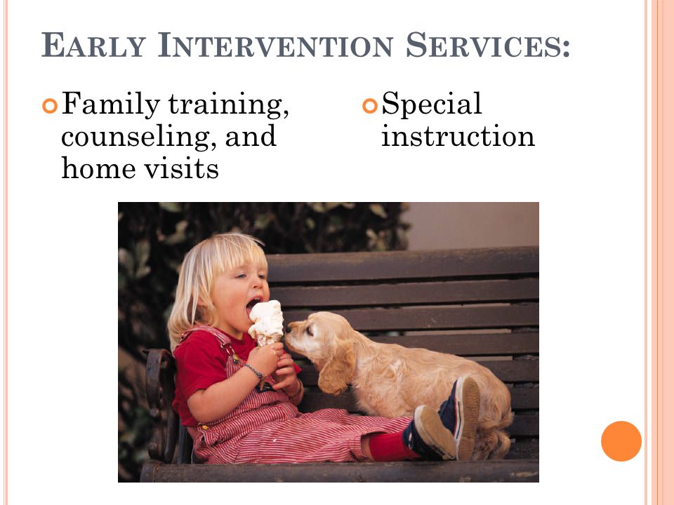 E ARLY I NTERVENTION S ERVICES : Family training, counseling, and home visits Special instruction
