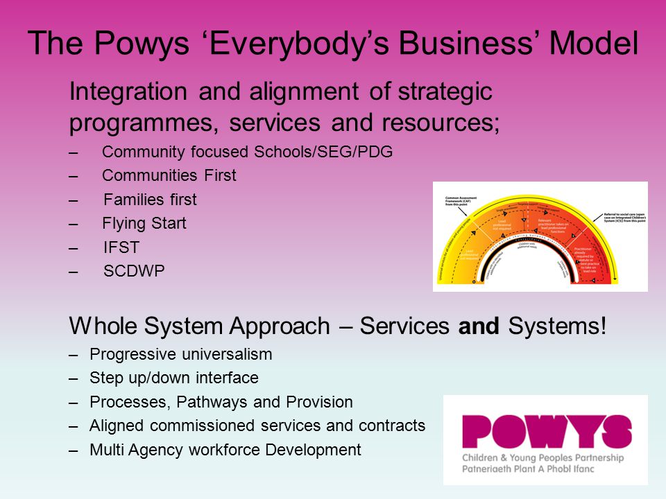 The Powys ‘Everybody’s Business’ Model Integration and alignment of strategic programmes, services and resources; –Community focused Schools/SEG/PDG –Communities First – Families first –Flying Start – IFST – SCDWP Whole System Approach – Services and Systems.