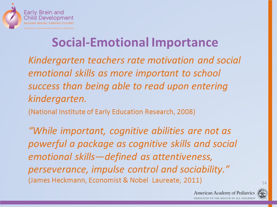 While important, cognitive abilities are not as powerful a package as cognitive skills and social emotional skills—defined as attentiveness, perseverance, impulse control and sociability. (James Heckmann, Economist & Nobel Laureate, 2011) Kindergarten teachers rate motivation and social emotional skills as more important to school success than being able to read upon entering kindergarten.