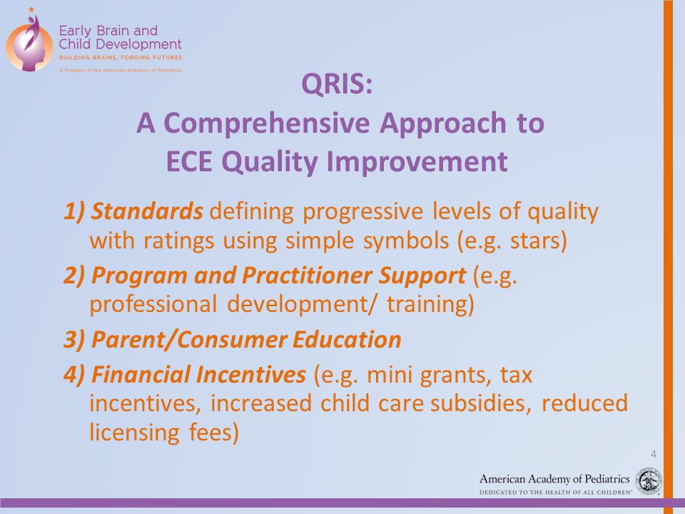 QRIS: A Comprehensive Approach to ECE Quality Improvement 1) Standards defining progressive levels of quality with ratings using simple symbols (e.g.