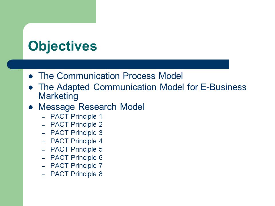 Objectives The Communication Process Model The Adapted Communication Model for E-Business Marketing Message Research Model – PACT Principle 1 – PACT Principle 2 – PACT Principle 3 – PACT Principle 4 – PACT Principle 5 – PACT Principle 6 – PACT Principle 7 – PACT Principle 8