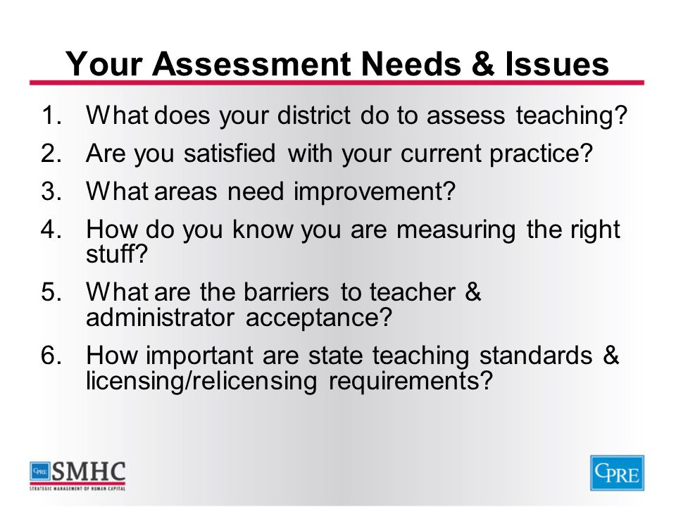 Your Assessment Needs & Issues 1.What does your district do to assess teaching.