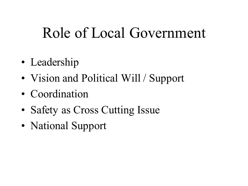Role of Local Government Leadership Vision and Political Will / Support Coordination Safety as Cross Cutting Issue National Support