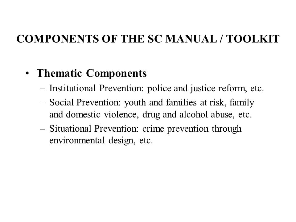 COMPONENTS OF THE SC MANUAL / TOOLKIT Thematic Components –Institutional Prevention: police and justice reform, etc.