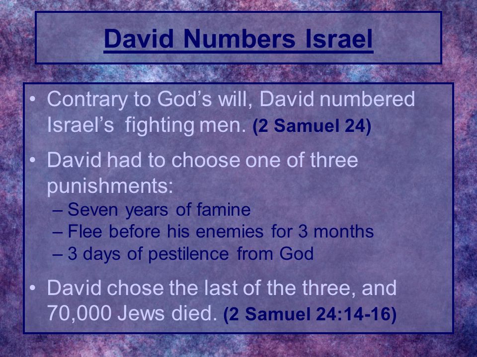 Contrary to God’s will, David numbered Israel’s fighting men.
