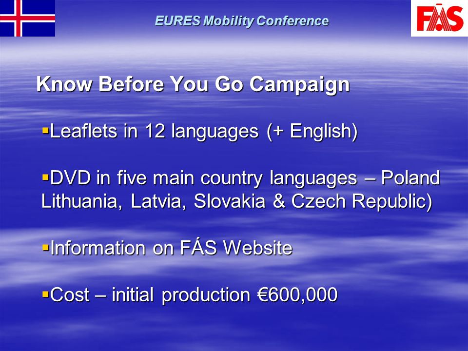 Know Before You Go Campaign  Leaflets in 12 languages (+ English)  DVD in five main country languages – Poland Lithuania, Latvia, Slovakia & Czech Republic)  Information on FÁS Website  Cost – initial production €600,000 EURES Mobility Conference