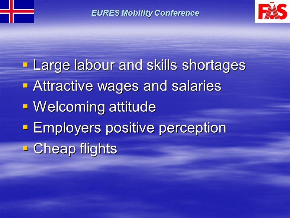  Large labour and skills shortages  Attractive wages and salaries  Welcoming attitude  Employers positive perception  Cheap flights EURES Mobility Conference