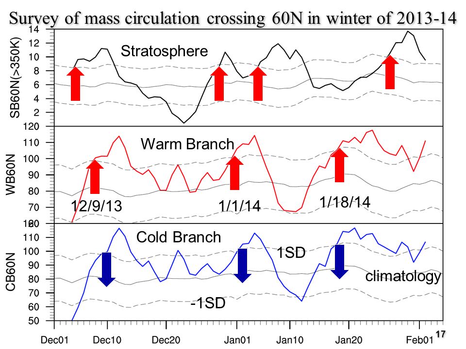 Survey of mass circulation crossing 60N in winter of Stratosphere Warm Branch Cold Branch climatology 1SD -1SD 12/9/131/1/14 1/18/14 17