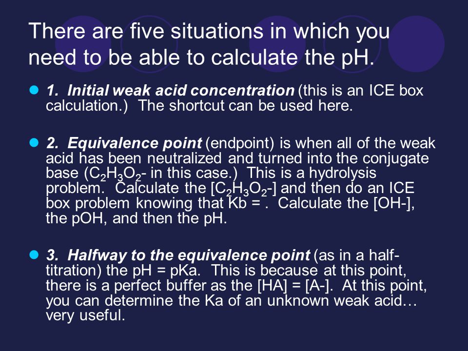 There are five situations in which you need to be able to calculate the pH.