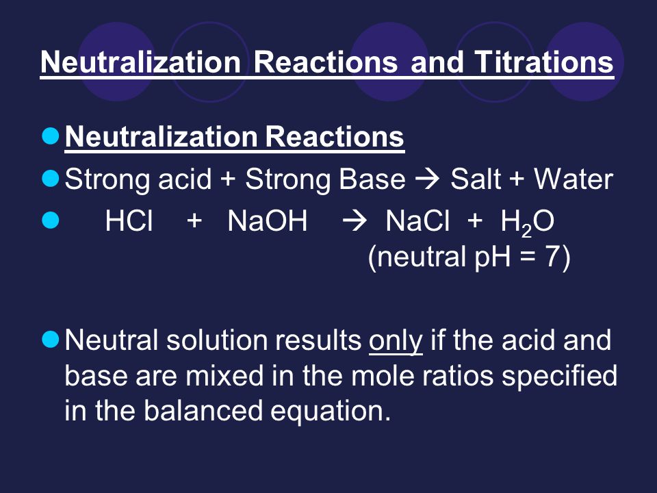 Neutralization Reactions and Titrations Neutralization Reactions Strong acid + Strong Base  Salt + Water HCl + NaOH  NaCl + H 2 O (neutral pH = 7) Neutral solution results only if the acid and base are mixed in the mole ratios specified in the balanced equation.