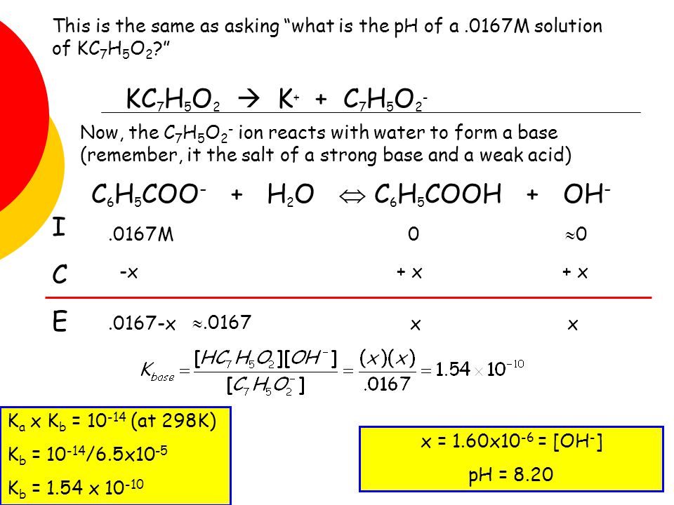 Example: Titration of a Strong Base and a Weak Acid Calculate the pH when the following quantities of 0.050M KOH solution have been added to 50.0 ml of a 0.025M solution of benzoic acid (HC 7 H 5 O 2 Ka = 6.5x10 -5 ).