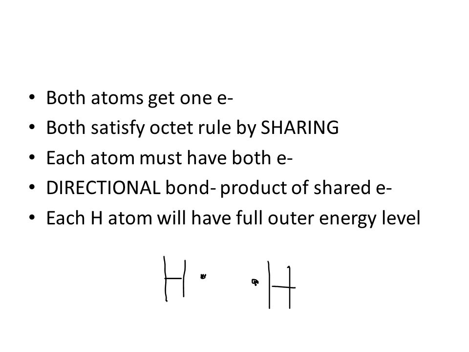 Both atoms get one e- Both satisfy octet rule by SHARING Each atom must have both e- DIRECTIONAL bond- product of shared e- Each H atom will have full outer energy level