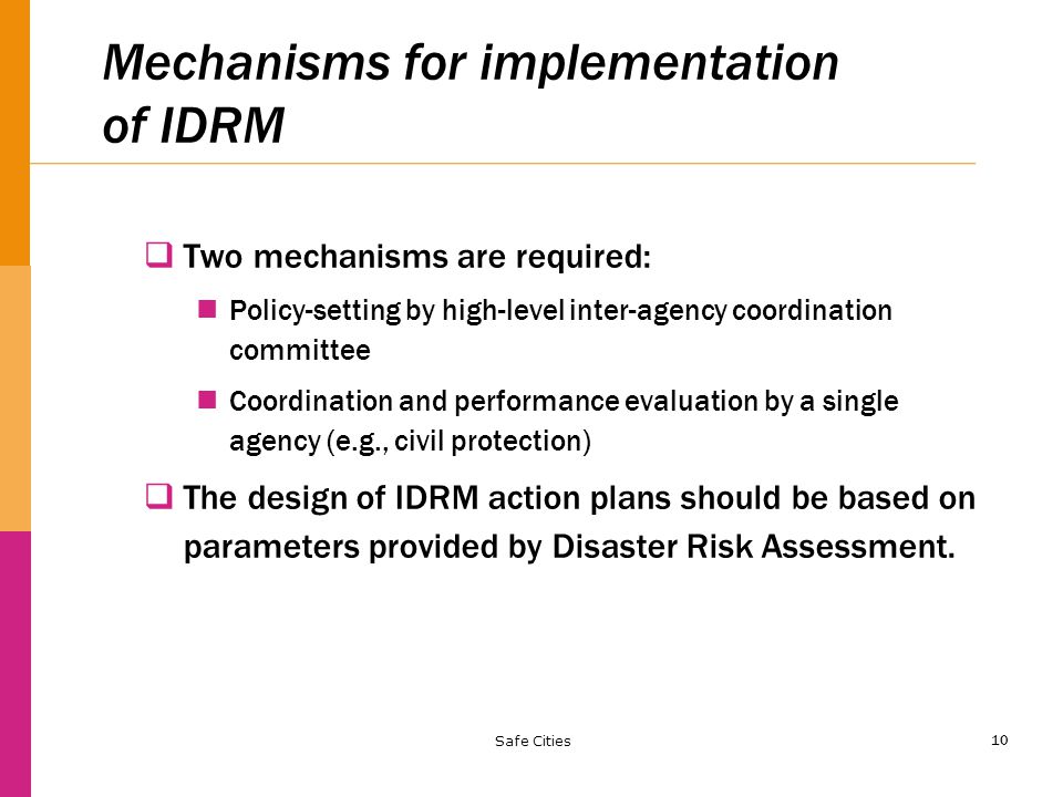 10 Mechanisms for implementation of IDRM  Two mechanisms are required: Policy-setting by high-level inter-agency coordination committee Coordination and performance evaluation by a single agency (e.g., civil protection)  The design of IDRM action plans should be based on parameters provided by Disaster Risk Assessment.