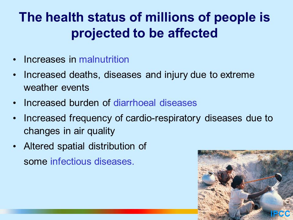 The health status of millions of people is projected to be affected Increases in malnutrition Increased deaths, diseases and injury due to extreme weather events Increased burden of diarrhoeal diseases Increased frequency of cardio-respiratory diseases due to changes in air quality Altered spatial distribution of some infectious diseases.
