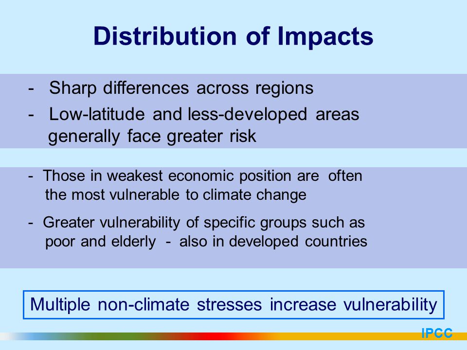 Distribution of Impacts -Those in weakest economic position are often the most vulnerable to climate change -Greater vulnerability of specific groups such as poor and elderly - also in developed countries IPCC - Sharp differences across regions - Low-latitude and less-developed areas generally face greater risk Multiple non-climate stresses increase vulnerability