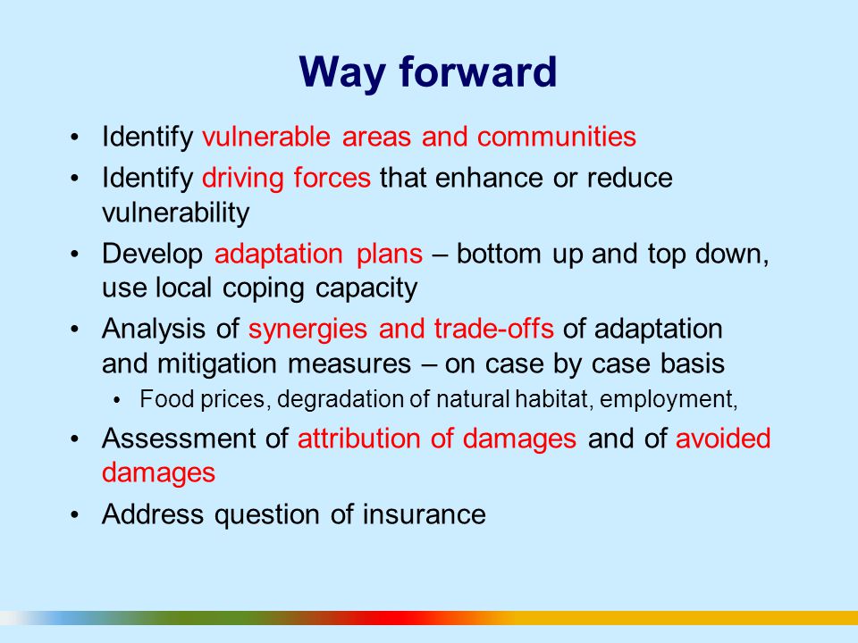 Way forward Identify vulnerable areas and communities Identify driving forces that enhance or reduce vulnerability Develop adaptation plans – bottom up and top down, use local coping capacity Analysis of synergies and trade-offs of adaptation and mitigation measures – on case by case basis Food prices, degradation of natural habitat, employment, Assessment of attribution of damages and of avoided damages Address question of insurance