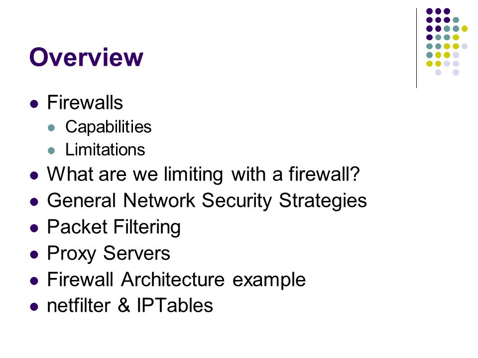 Overview Firewalls Capabilities Limitations What are we limiting with a firewall.