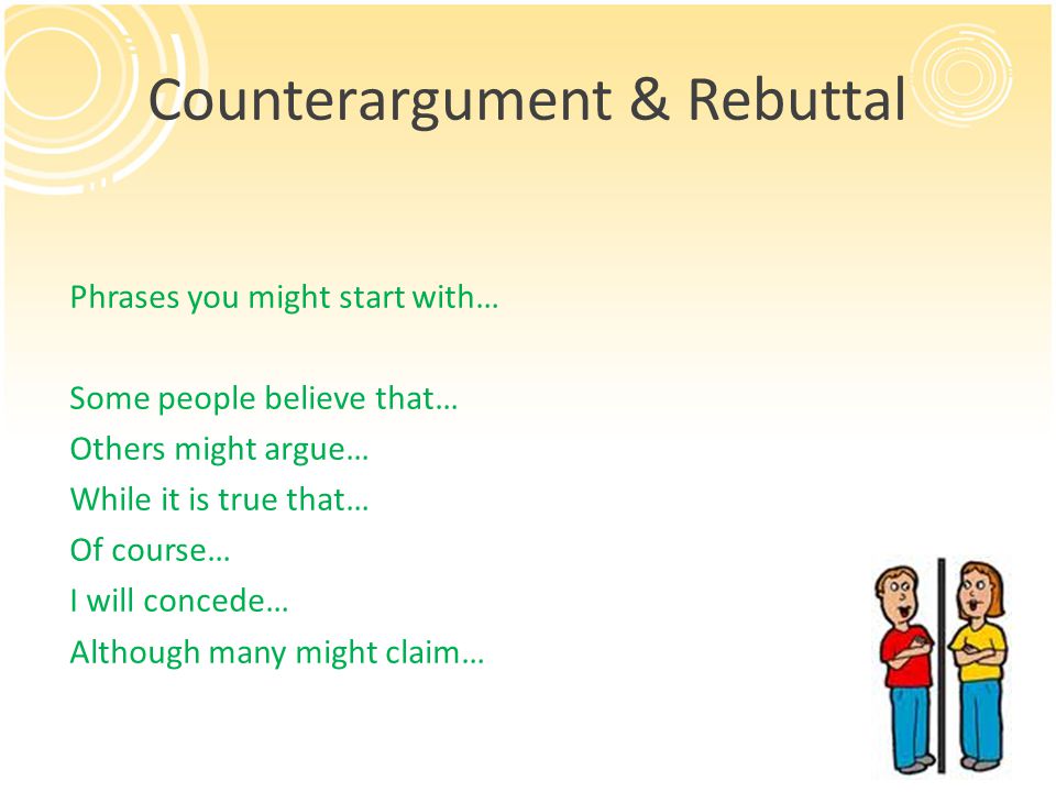 Counterargument & Rebuttal Phrases you might start with… Some people believe that… Others might argue… While it is true that… Of course… I will concede… Although many might claim…