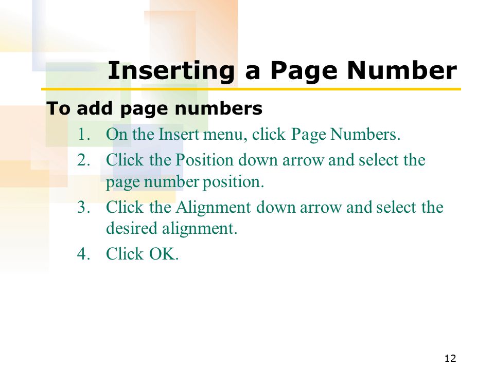 12 Inserting a Page Number To add page numbers 1.On the Insert menu, click Page Numbers.