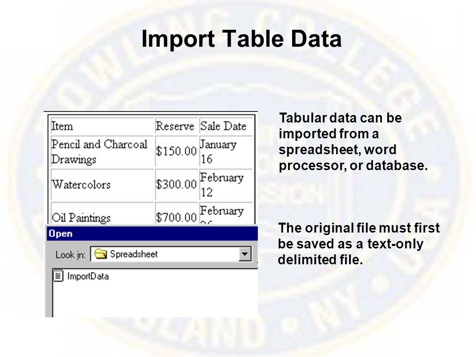 Import Table Data Tabular data can be imported from a spreadsheet, word processor, or database.